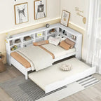 Lit de jour double avec lit gigogne simple, lit de repos avec étagère de rangement et ports de chargement USB