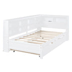 Lit de jour double avec lit gigogne simple, lit de repos avec étagère de rangement et ports de chargement USB
