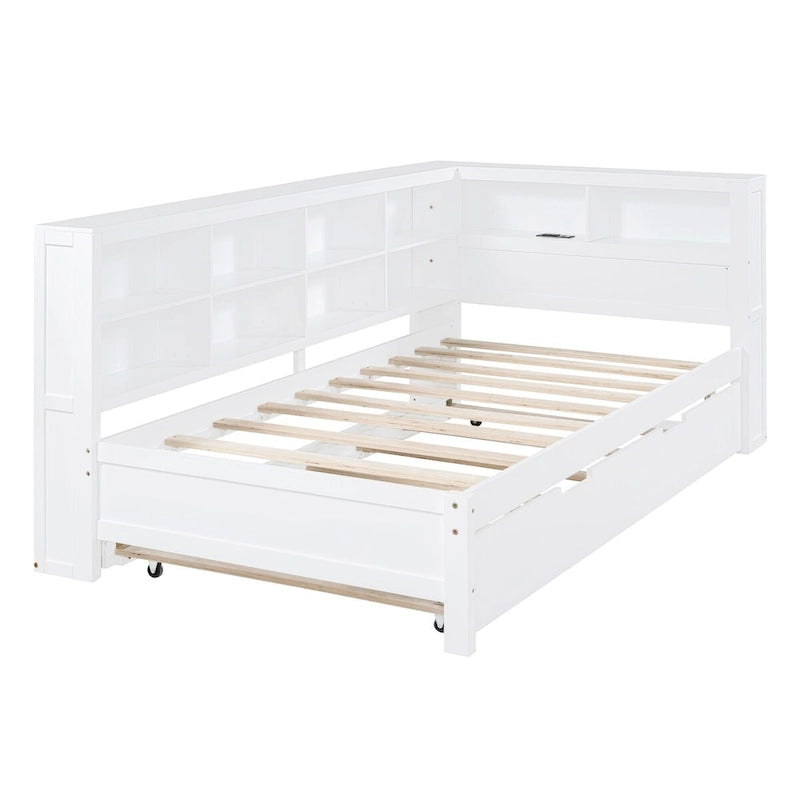Lit de jour double avec lit gigogne simple, lit de repos avec étagère de rangement et ports de chargement USB