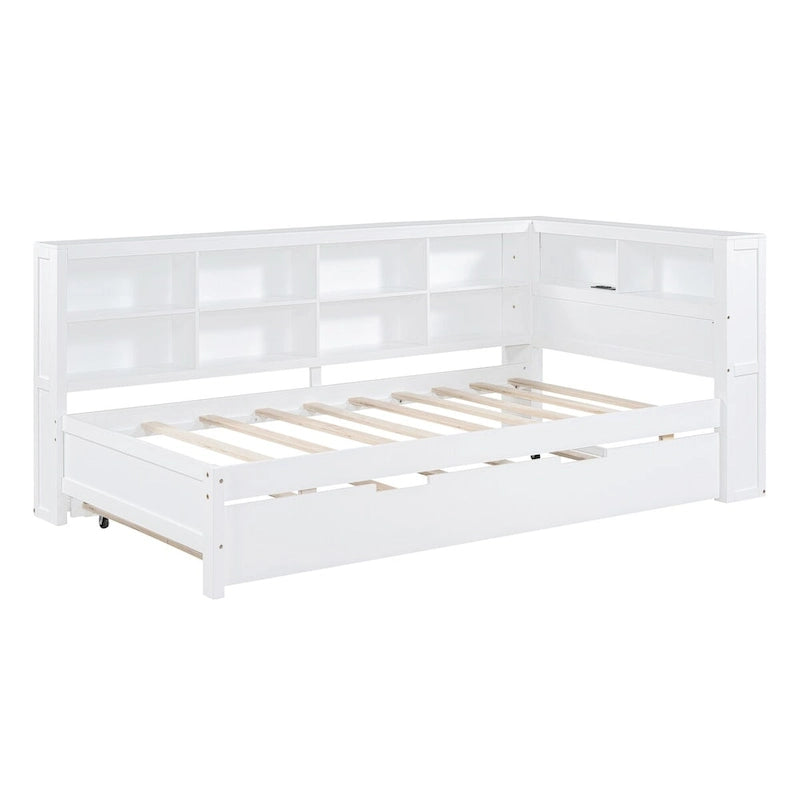Lit de jour double avec lit gigogne simple, lit de repos avec étagère de rangement et ports de chargement USB