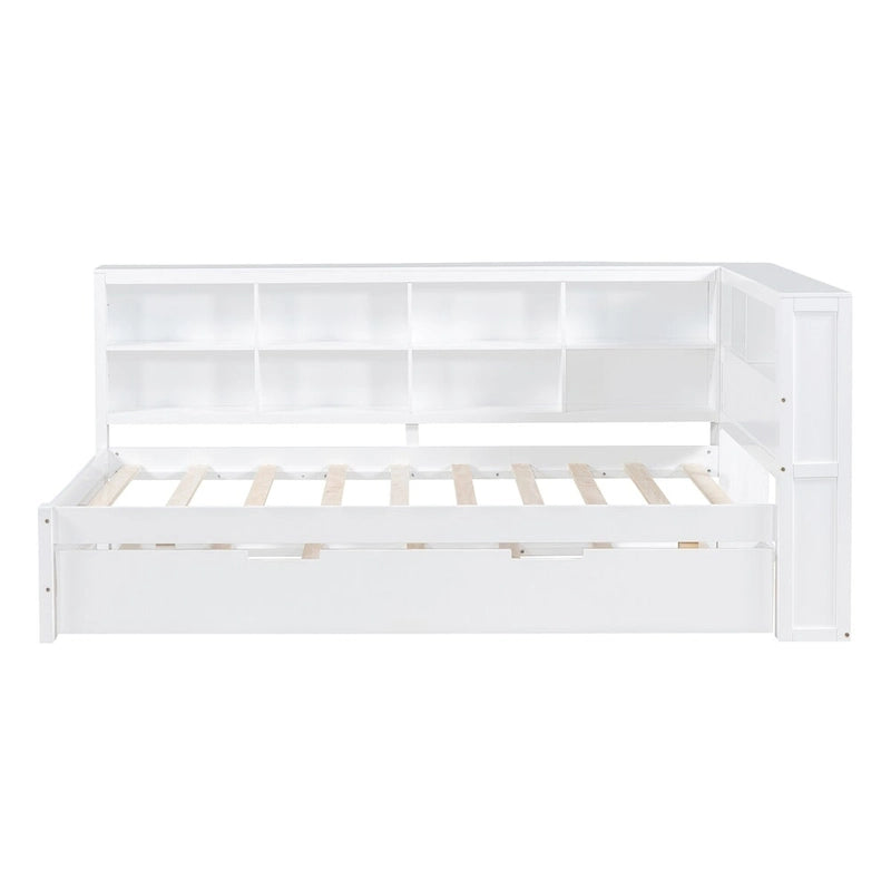 Lit de jour double avec lit gigogne simple, lit de repos avec étagère de rangement et ports de chargement USB