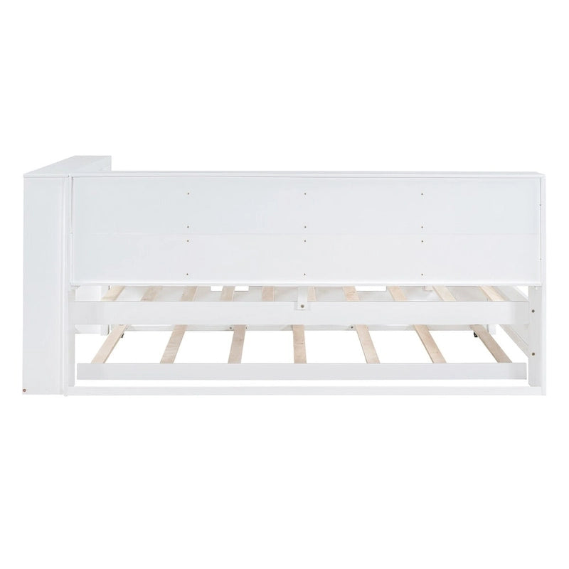 Lit de jour double avec lit gigogne simple, lit de repos avec étagère de rangement et ports de chargement USB