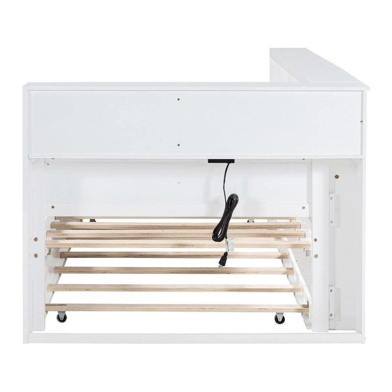 Lit de jour double avec lit gigogne simple, lit de repos avec étagère de rangement et ports de chargement USB