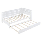 Lit de jour double avec lit gigogne simple, lit de repos avec étagère de rangement et ports de chargement USB