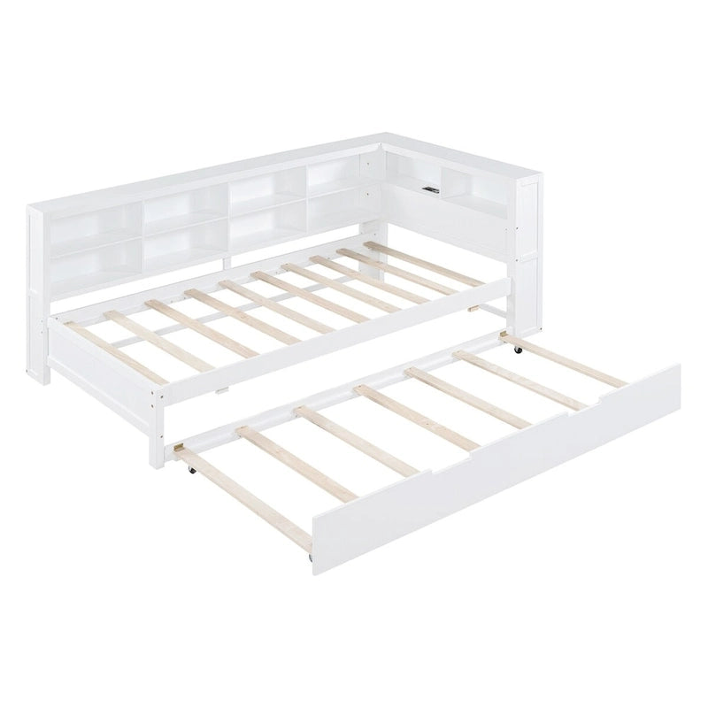 Lit de jour double avec lit gigogne simple, lit de repos avec étagère de rangement et ports de chargement USB