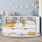 Lit de jour double avec lit gigogne simple, lit de repos avec étagère de rangement et ports de chargement USB