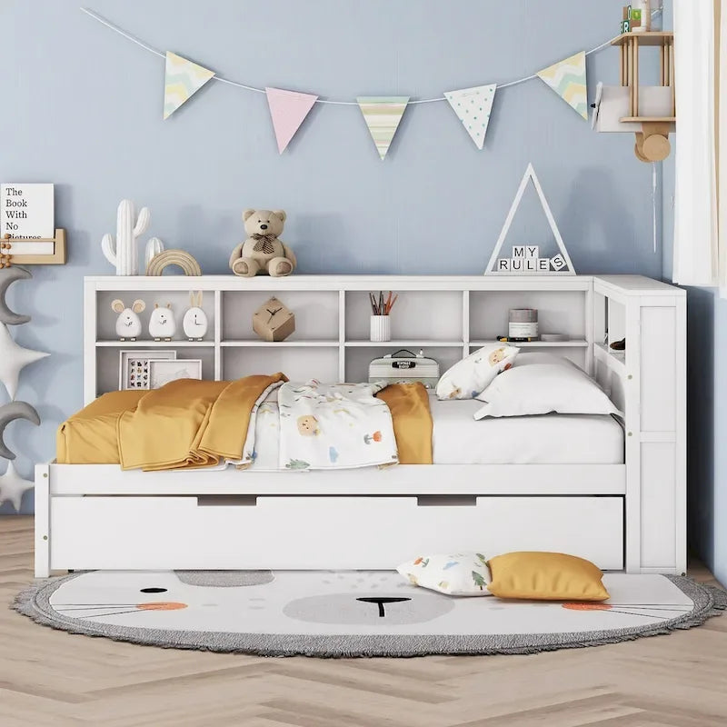Lit de jour double avec lit gigogne simple, lit de repos avec étagère de rangement et ports de chargement USB