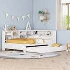 Lit de jour double avec lit gigogne simple, lit de repos avec étagère de rangement et ports de chargement USB