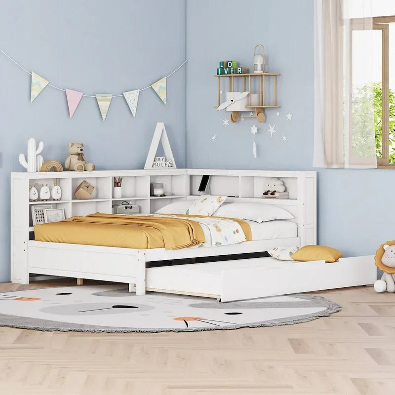 Lit de jour double avec lit gigogne simple, lit de repos avec étagère de rangement et ports de chargement USB