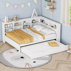 Lit de jour double avec lit gigogne simple, lit de repos avec étagère de rangement et ports de chargement USB