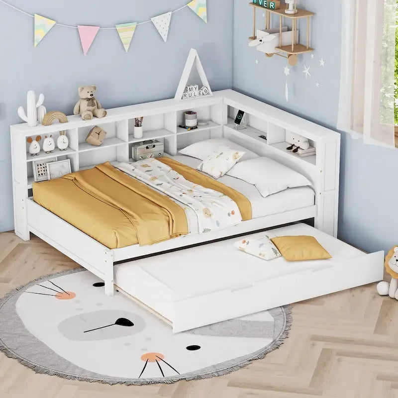Lit de jour double avec lit gigogne simple, lit de repos avec étagère de rangement et ports de chargement USB