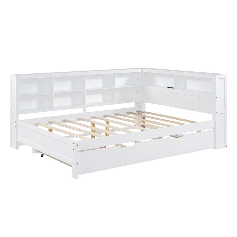 Lit de jour double avec lit gigogne simple, lit de repos avec étagère de rangement et ports de chargement USB