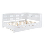 Lit de jour double avec lit gigogne simple, lit de repos avec étagère de rangement et ports de chargement USB