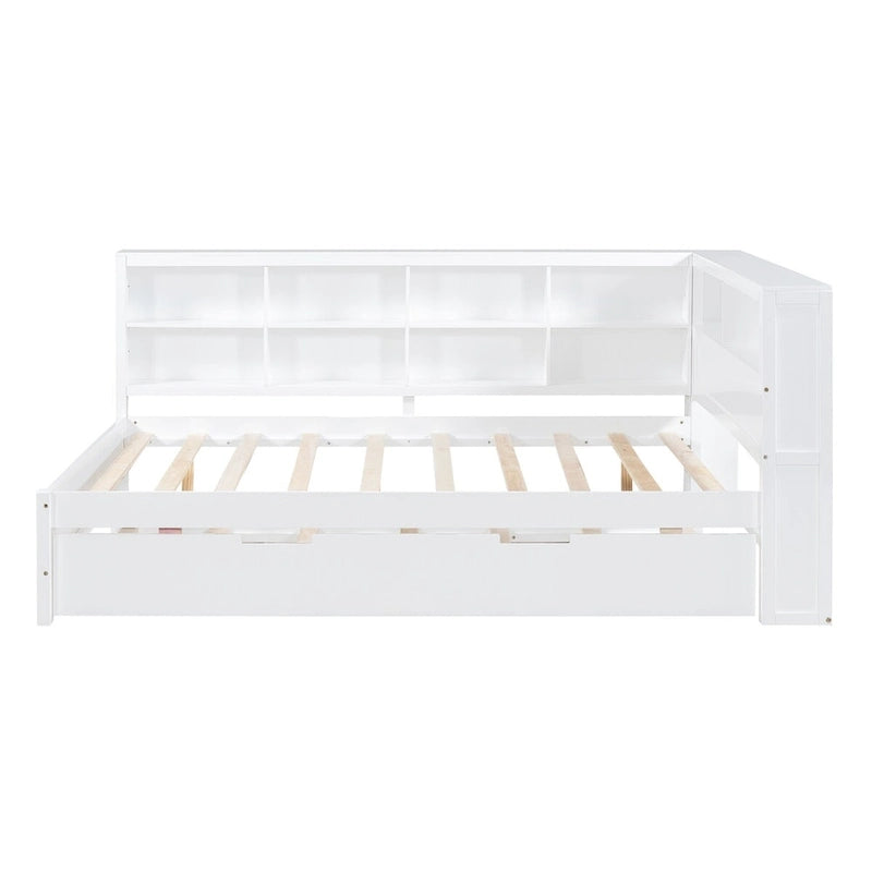 Lit de jour double avec lit gigogne simple, lit de repos avec étagère de rangement et ports de chargement USB