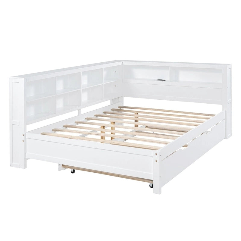 Lit de jour double avec lit gigogne simple, lit de repos avec étagère de rangement et ports de chargement USB