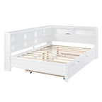 Lit de jour double avec lit gigogne simple, lit de repos avec étagère de rangement et ports de chargement USB