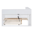 Lit de jour double avec lit gigogne simple, lit de repos avec étagère de rangement et ports de chargement USB