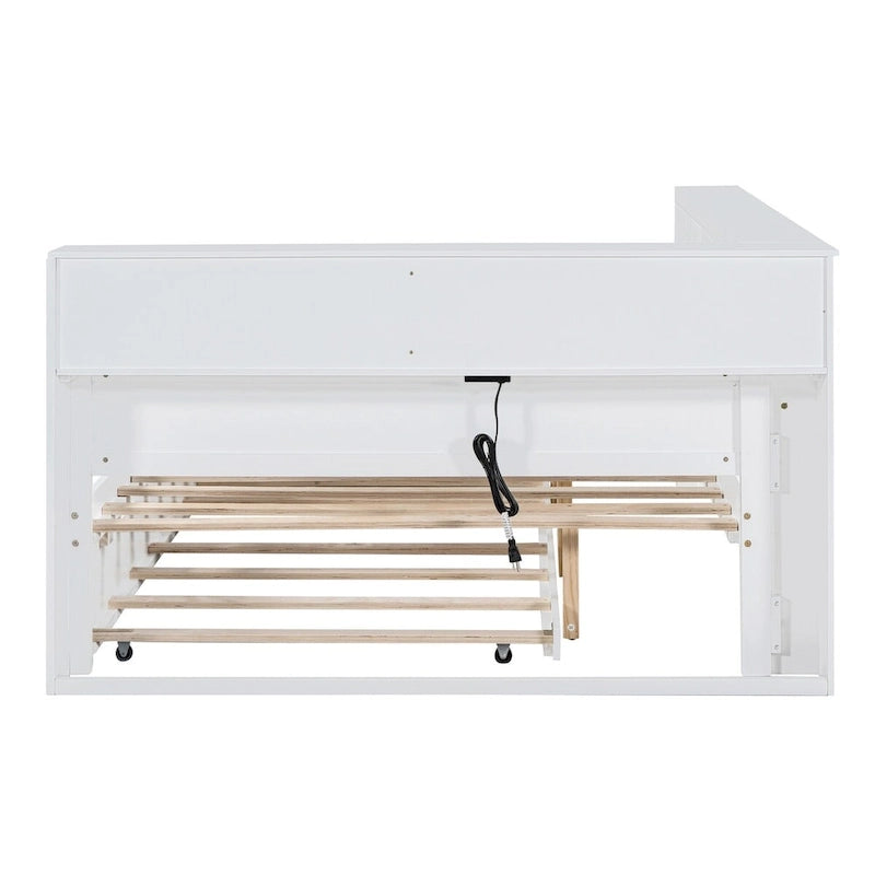 Lit de jour double avec lit gigogne simple, lit de repos avec étagère de rangement et ports de chargement USB