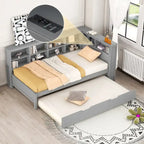Lit de jour double avec lit gigogne simple, lit de repos avec étagère de rangement et ports de chargement USB