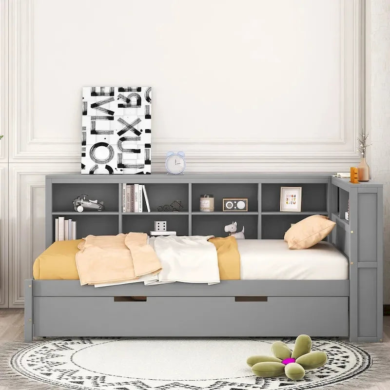 Lit de jour double avec lit gigogne simple, lit de repos avec étagère de rangement et ports de chargement USB