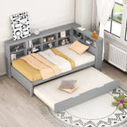 Lit de jour double avec lit gigogne simple, lit de repos avec étagère de rangement et ports de chargement USB