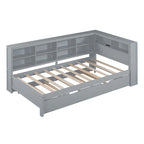 Lit de jour double avec lit gigogne simple, lit de repos avec étagère de rangement et ports de chargement USB