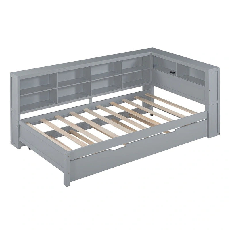 Lit de jour double avec lit gigogne simple, lit de repos avec étagère de rangement et ports de chargement USB