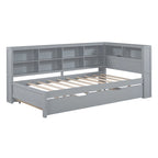 Lit de jour double avec lit gigogne simple, lit de repos avec étagère de rangement et ports de chargement USB