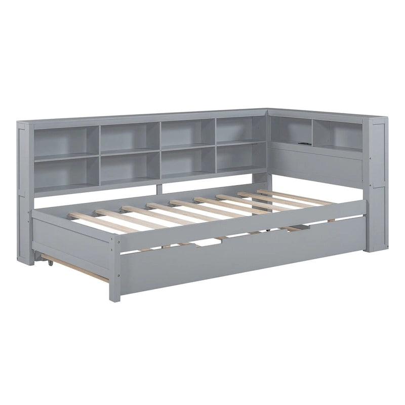 Lit de jour double avec lit gigogne simple, lit de repos avec étagère de rangement et ports de chargement USB