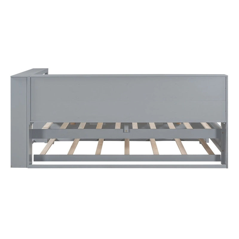 Lit de jour double avec lit gigogne simple, lit de repos avec étagère de rangement et ports de chargement USB