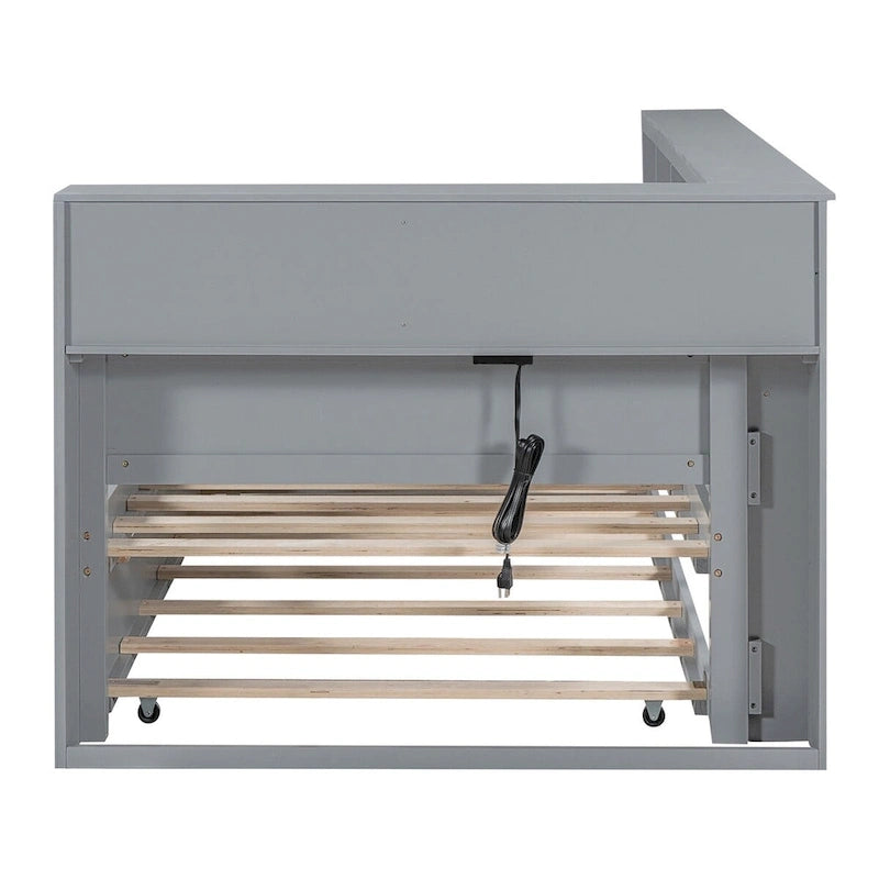 Lit de jour double avec lit gigogne simple, lit de repos avec étagère de rangement et ports de chargement USB