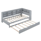 Lit de jour double avec lit gigogne simple, lit de repos avec étagère de rangement et ports de chargement USB