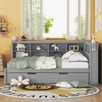 Lit de jour double avec lit gigogne simple, lit de repos avec étagère de rangement et ports de chargement USB