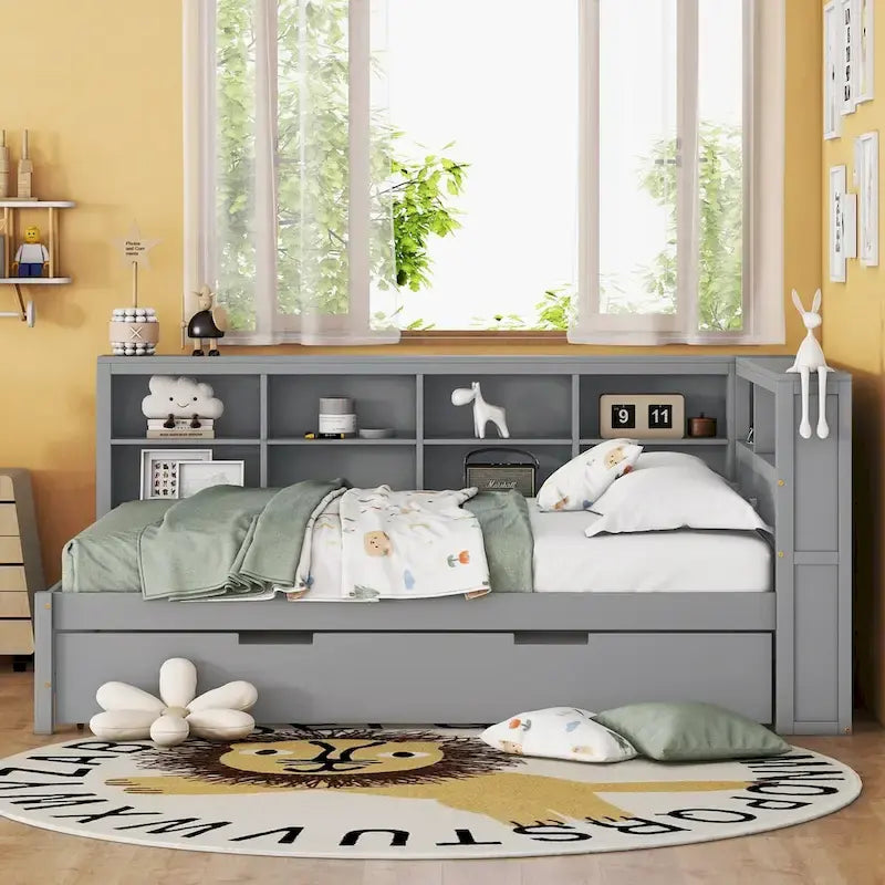 Lit de jour double avec lit gigogne simple, lit de repos avec étagère de rangement et ports de chargement USB