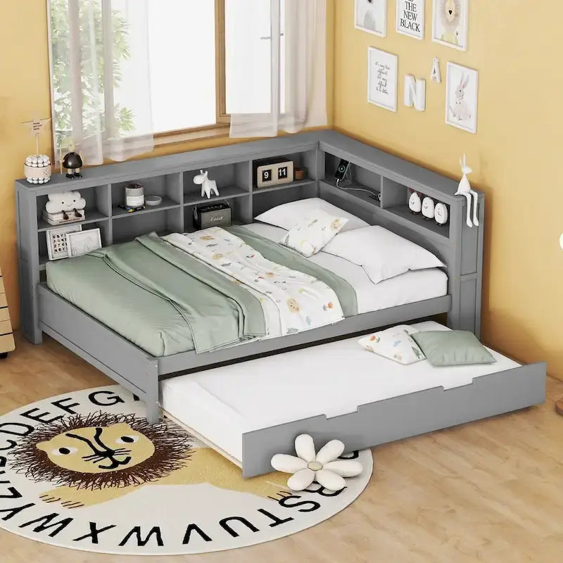 Lit de jour double avec lit gigogne simple, lit de repos avec étagère de rangement et ports de chargement USB