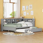 Lit de jour double avec lit gigogne simple, lit de repos avec étagère de rangement et ports de chargement USB
