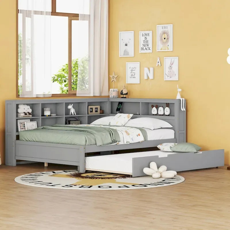 Lit de jour double avec lit gigogne simple, lit de repos avec étagère de rangement et ports de chargement USB