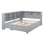 Lit de jour double avec lit gigogne simple, lit de repos avec étagère de rangement et ports de chargement USB