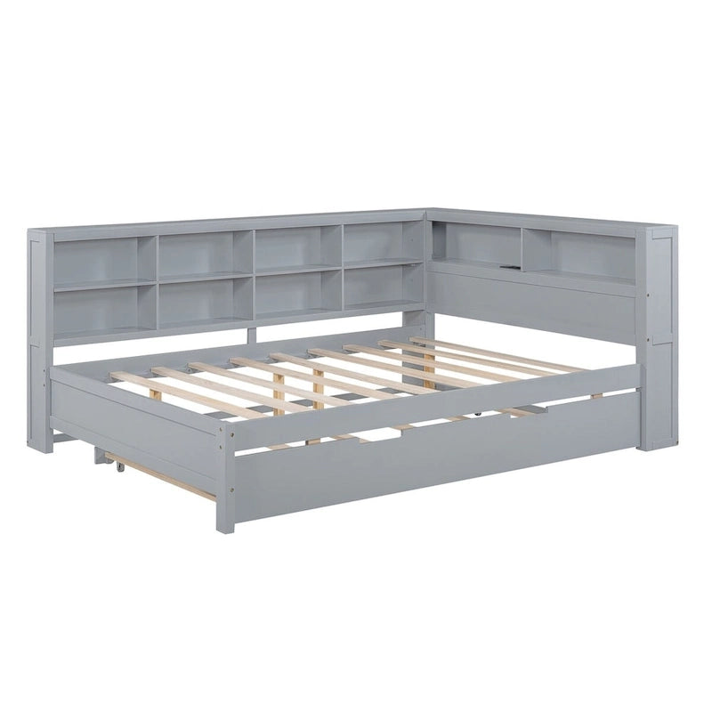 Lit de jour double avec lit gigogne simple, lit de repos avec étagère de rangement et ports de chargement USB