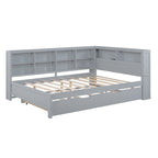 Lit de jour double avec lit gigogne simple, lit de repos avec étagère de rangement et ports de chargement USB