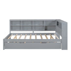 Lit de jour double avec lit gigogne simple, lit de repos avec étagère de rangement et ports de chargement USB