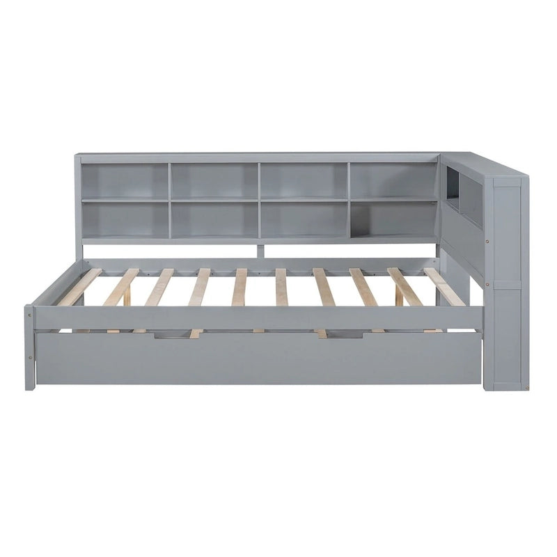 Lit de jour double avec lit gigogne simple, lit de repos avec étagère de rangement et ports de chargement USB