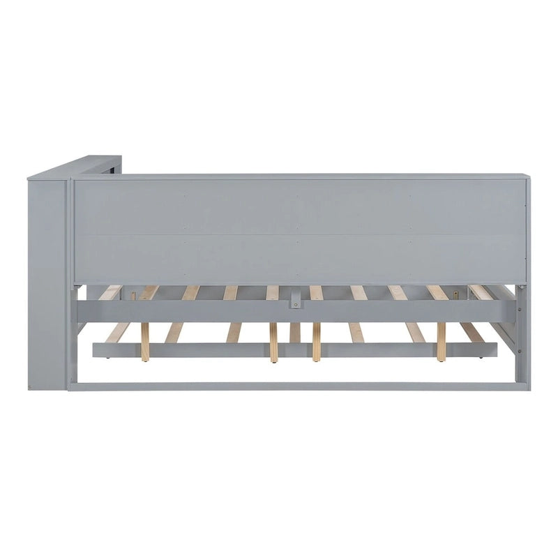 Lit de jour double avec lit gigogne simple, lit de repos avec étagère de rangement et ports de chargement USB