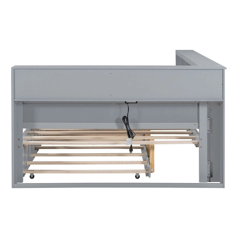 Lit de jour double avec lit gigogne simple, lit de repos avec étagère de rangement et ports de chargement USB