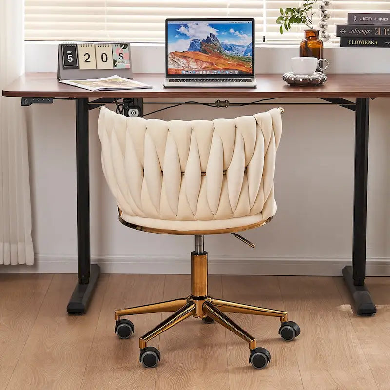 Chaise de bureau en velours Chaise de coiffeuse pour maquillage avec roues Fauteuil roulant pivotant pour chambre à coucher