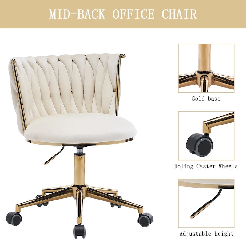Chaise de bureau en velours Chaise de coiffeuse pour maquillage avec roues Fauteuil roulant pivotant pour chambre à coucher
