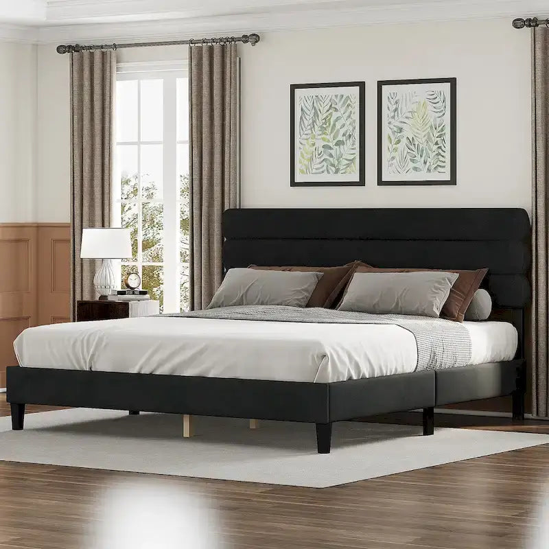 Cadre de lit King Size avec tête de lit, lit plateforme robuste avec support de lattes en bois et sans sommier tapissier