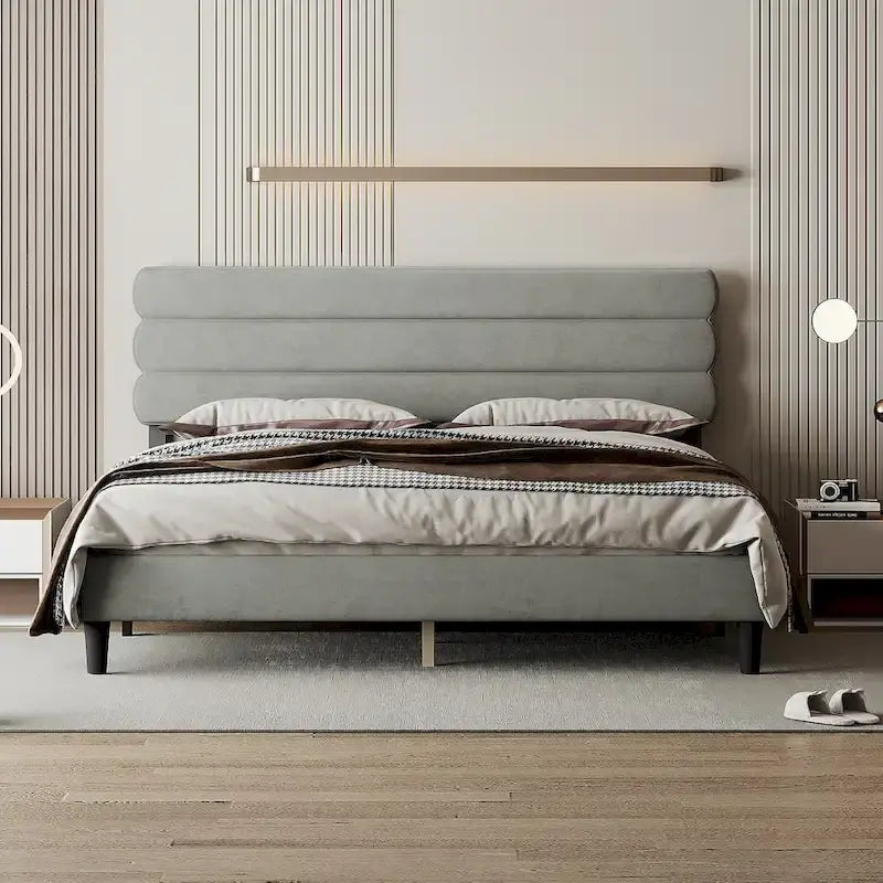 Cadre de lit King Size avec tête de lit, lit plateforme robuste avec support de lattes en bois et sans sommier tapissier