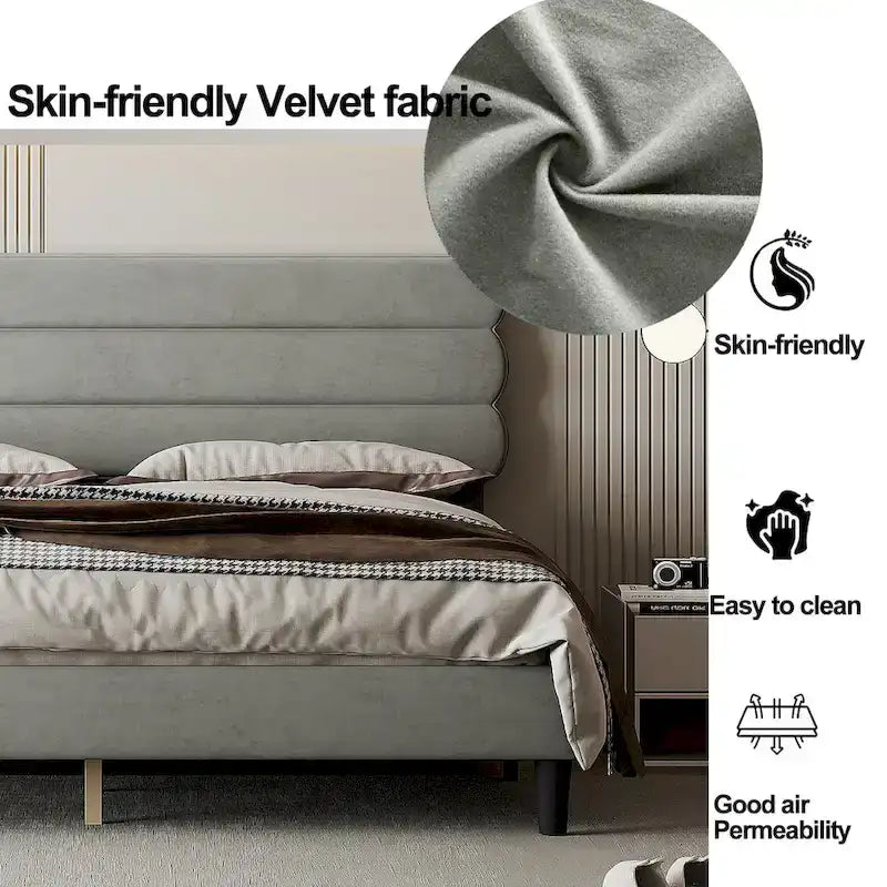 Cadre de lit King Size avec tête de lit, lit plateforme robuste avec support de lattes en bois et sans sommier tapissier