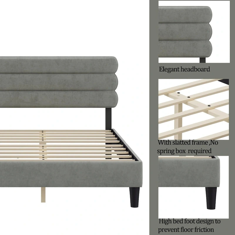 Cadre de lit King Size avec tête de lit, lit plateforme robuste avec support de lattes en bois et sans sommier tapissier